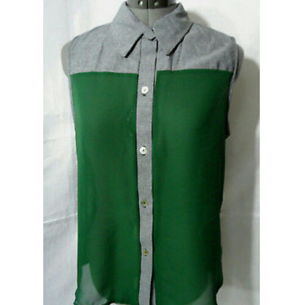 New DE COLORES Denim & Chiffon Top S Green & denim Blue Sleeveless blouse Summer